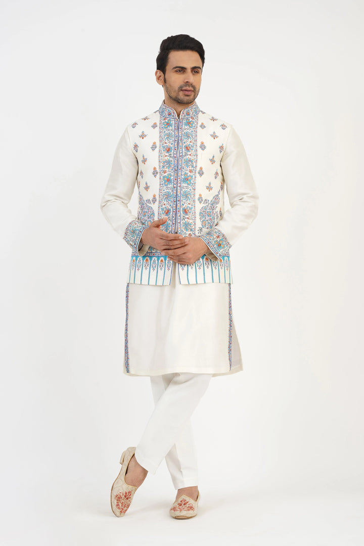 Offwhite Multicolored Bundi Kurta Set