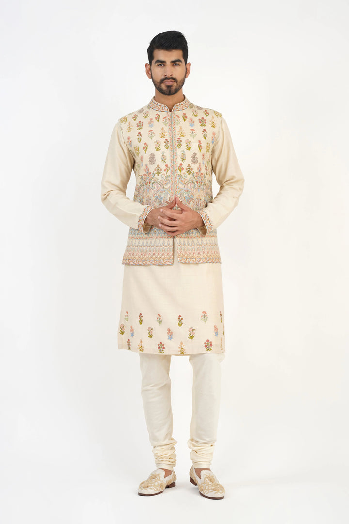 Beige Multicoloured Embroidered Bundi Kurta Set