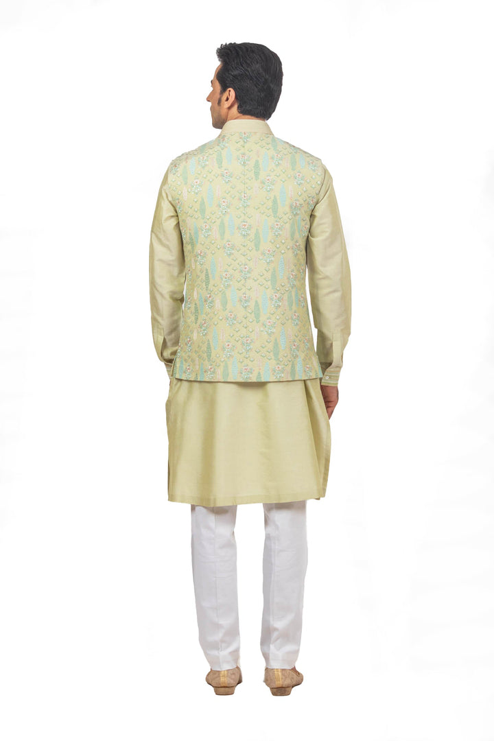 Light Green Embroidered Bundi Kurta Set