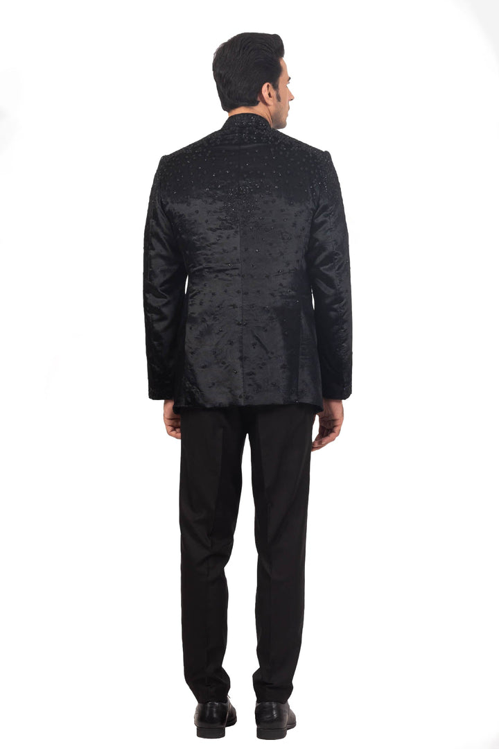 Black Velvet Sequined Hand Embroidered Bandhgala Set