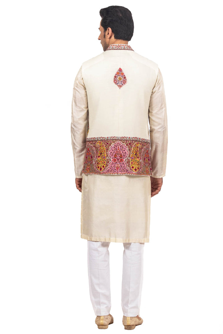 Beige colorful intricate Kashmiri Bundi Kurta Set