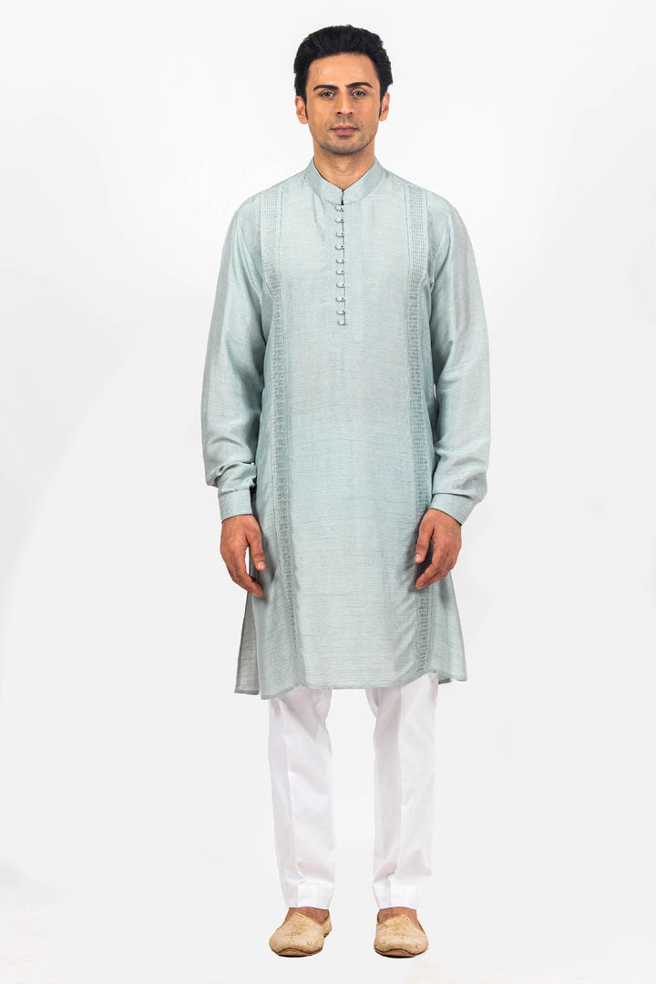 Powder Blue Abstract Multicolored Embroidered Bundi Kurta Set