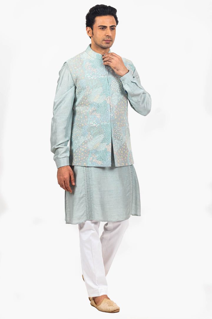 Powder Blue Abstract Multicolored Embroidered Bundi Kurta Set