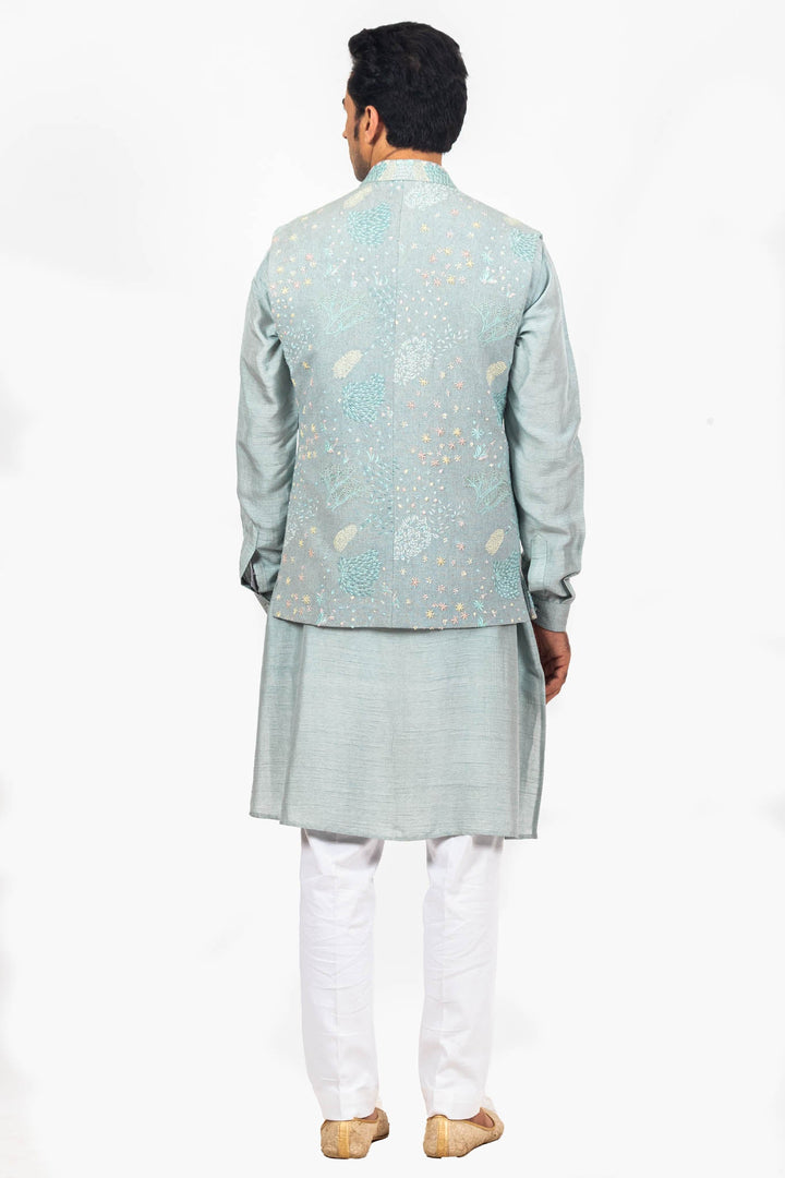 Powder Blue Abstract Multicolored Embroidered Bundi Kurta Set