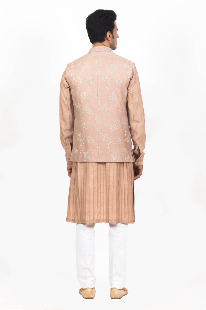 Light Brownish intricate Hand & Machine Embroidered Bundi Kurta Set