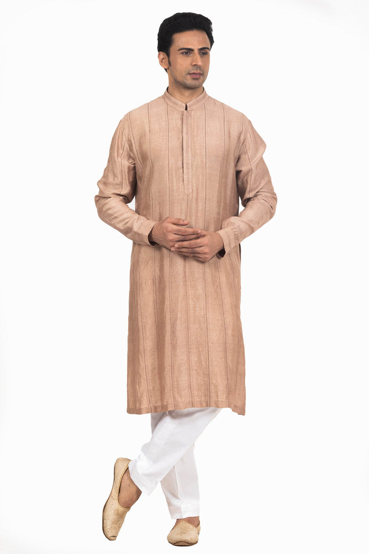 Light Brownish intricate Hand & Machine Embroidered Bundi Kurta Set
