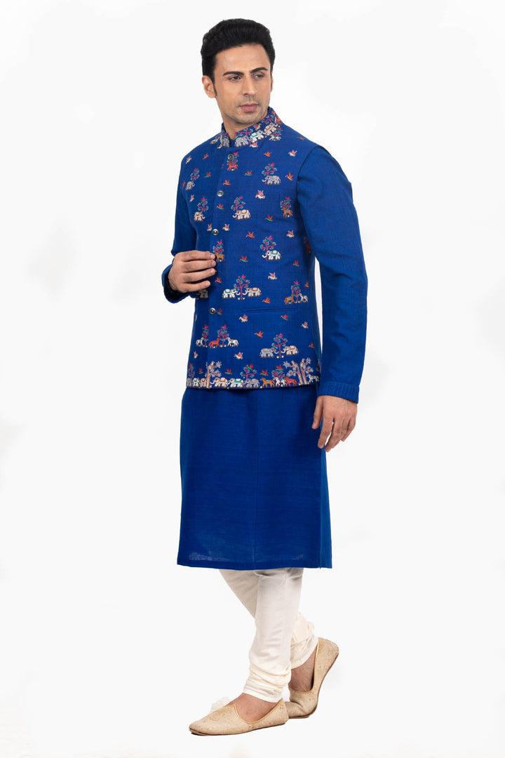 Electric Blue Multicolored Bundi Kurta Set