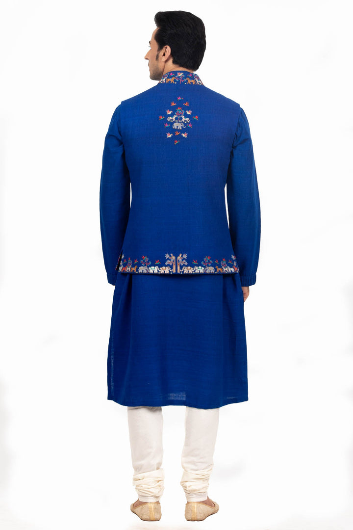 Electric Blue Multicolored Bundi Kurta Set