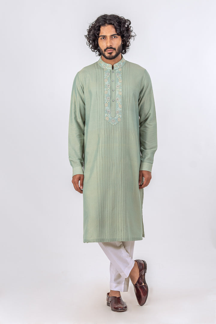 SAGE GREEN  ALLOVER PINTUCK AND DHAGAI WITH EMBROIDERED NECKLINE KURTA (only kurta)