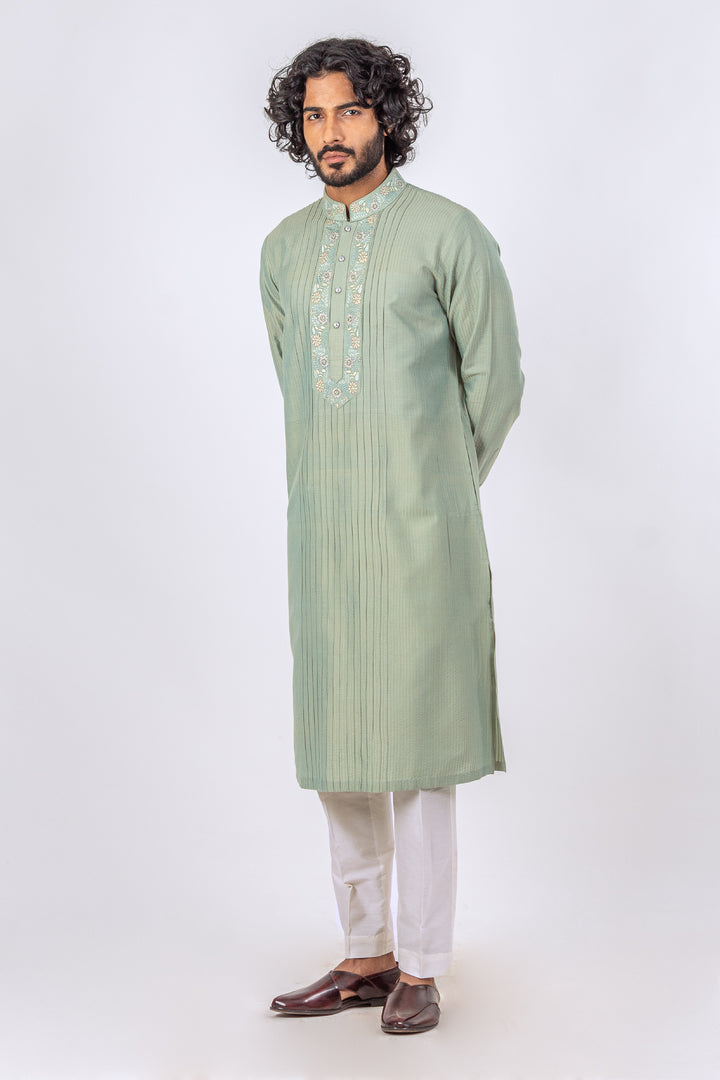 SAGE GREEN  ALLOVER PINTUCK AND DHAGAI WITH EMBROIDERED NECKLINE KURTA (only kurta)