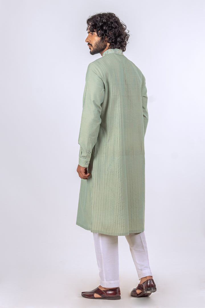 SAGE GREEN  ALLOVER PINTUCK AND DHAGAI WITH EMBROIDERED NECKLINE KURTA (only kurta)