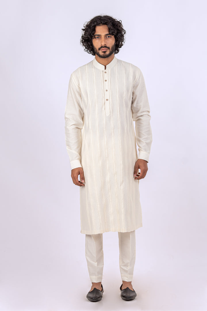 WHITE ALLOVER PINTUCK WITH ZARI LINE KURTA (only kurta)