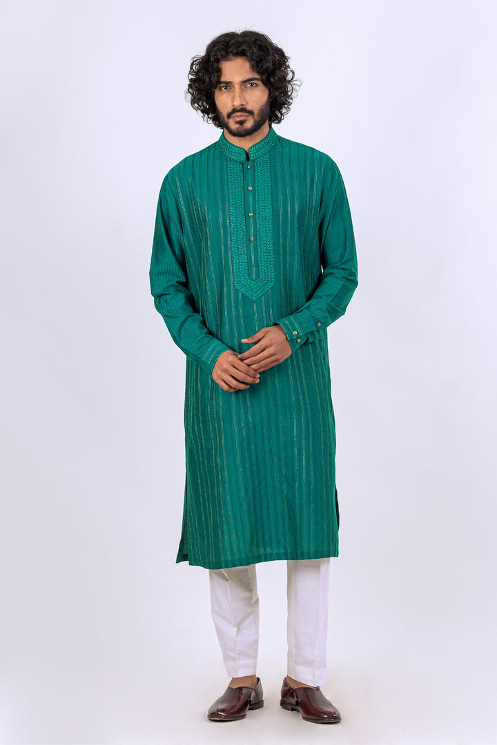 TEAL BLUE ALLOVER STITCHLINE WITH THREAD & ZARI WITH NECKLINE KURTA (only kurta)