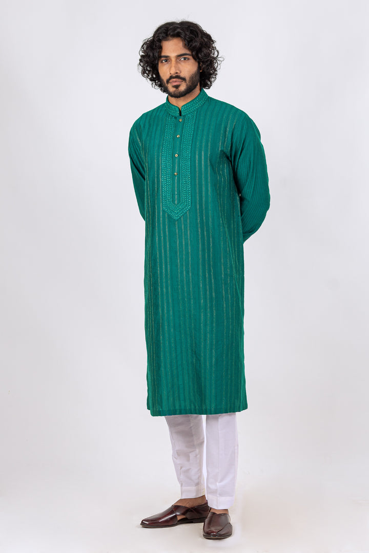 TEAL BLUE ALLOVER STITCHLINE WITH THREAD & ZARI WITH NECKLINE KURTA (only kurta)