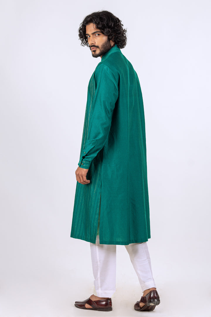 TEAL BLUE ALLOVER STITCHLINE WITH THREAD & ZARI WITH NECKLINE KURTA (only kurta)