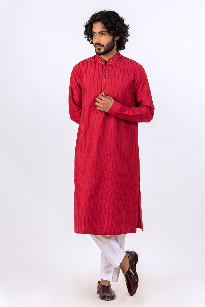 RED ALLOVER PATCH LINE WITH EMBROIDERED PLACKET KURTA (only kurta)