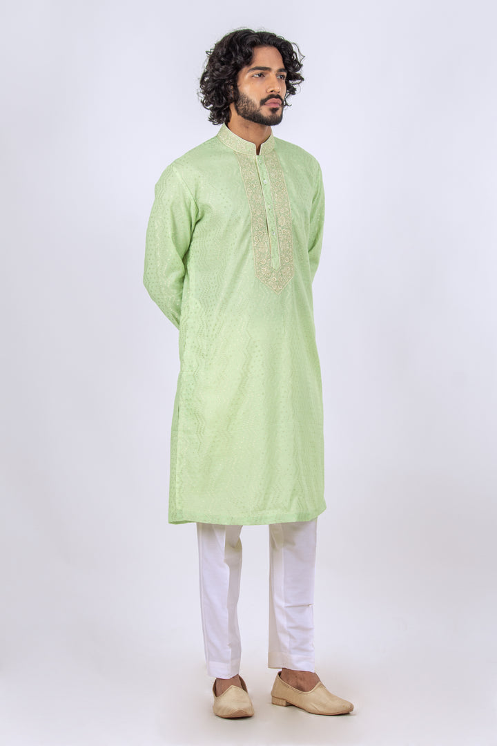 MINT GREEN MACHINE EMBROIDERED NECKLINE KURTA (only kurta)