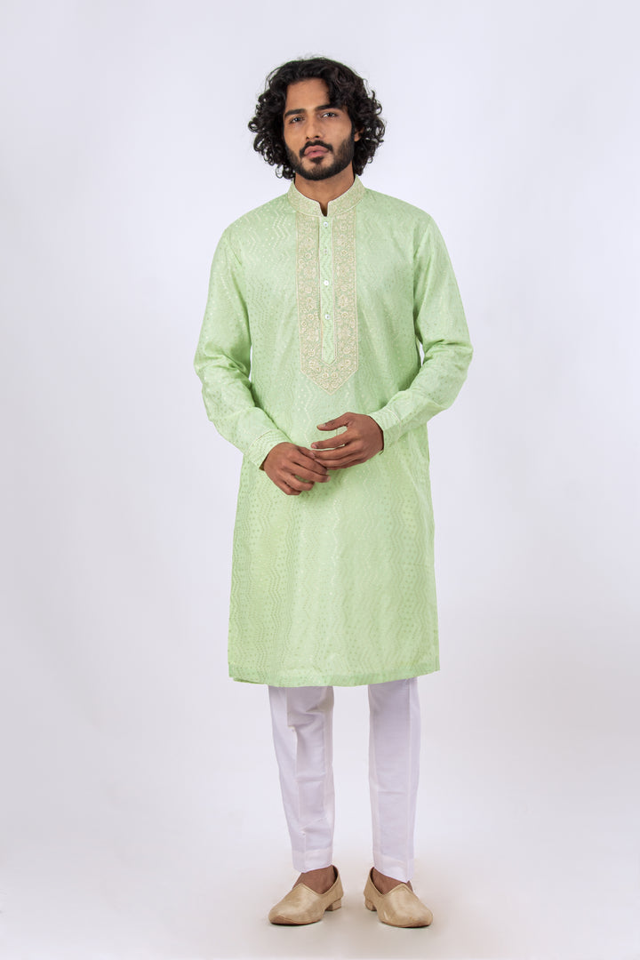 MINT GREEN MACHINE EMBROIDERED NECKLINE KURTA (only kurta)