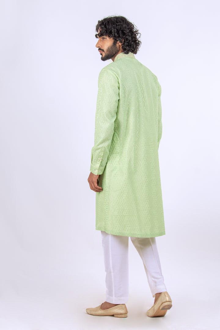MINT GREEN MACHINE EMBROIDERED NECKLINE KURTA (only kurta)