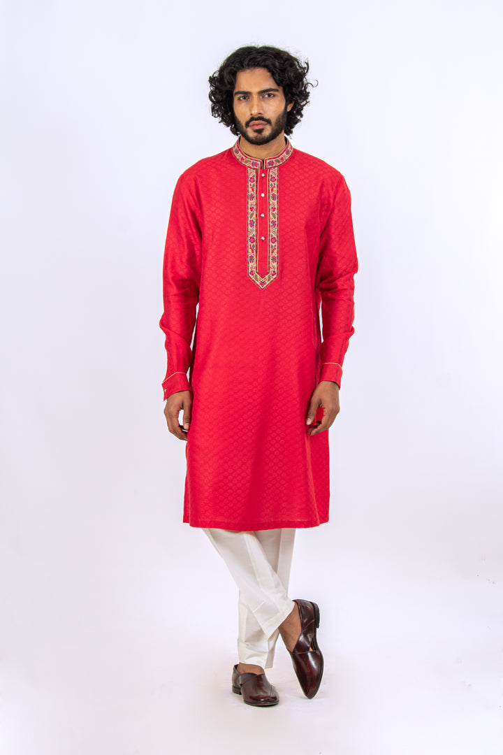 RED KASHMIRI EMBROIDERED NECKLINE KURTA (only kurta)
