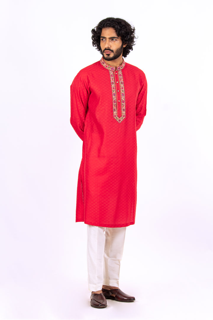 RED KASHMIRI EMBROIDERED NECKLINE KURTA (only kurta)