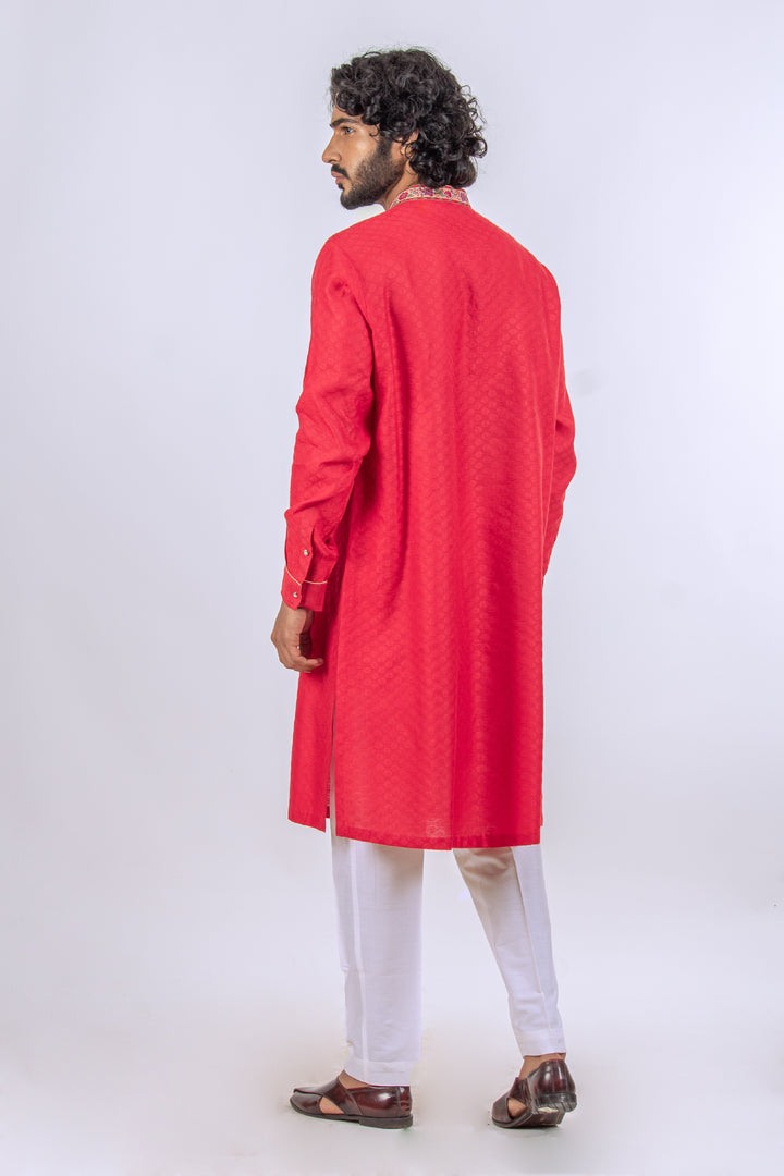 RED KASHMIRI EMBROIDERED NECKLINE KURTA (only kurta)