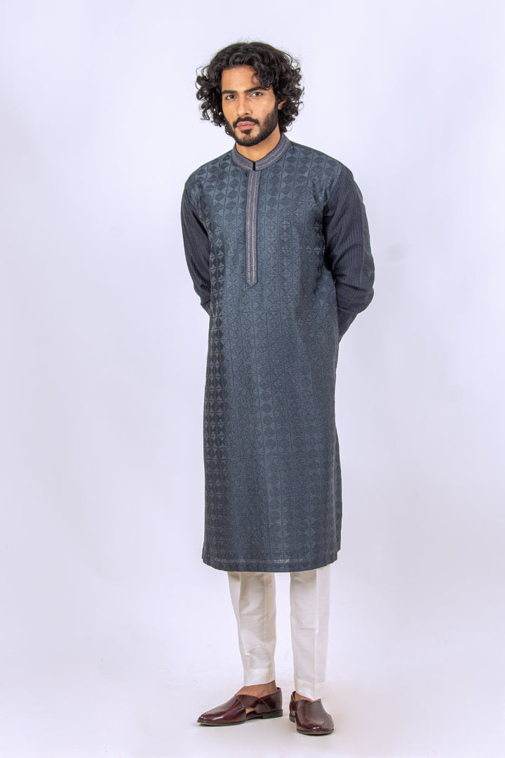 CHARCOAL GRAY ALLOVER MACHINE EMBROIDERY KURTA (only kurta)