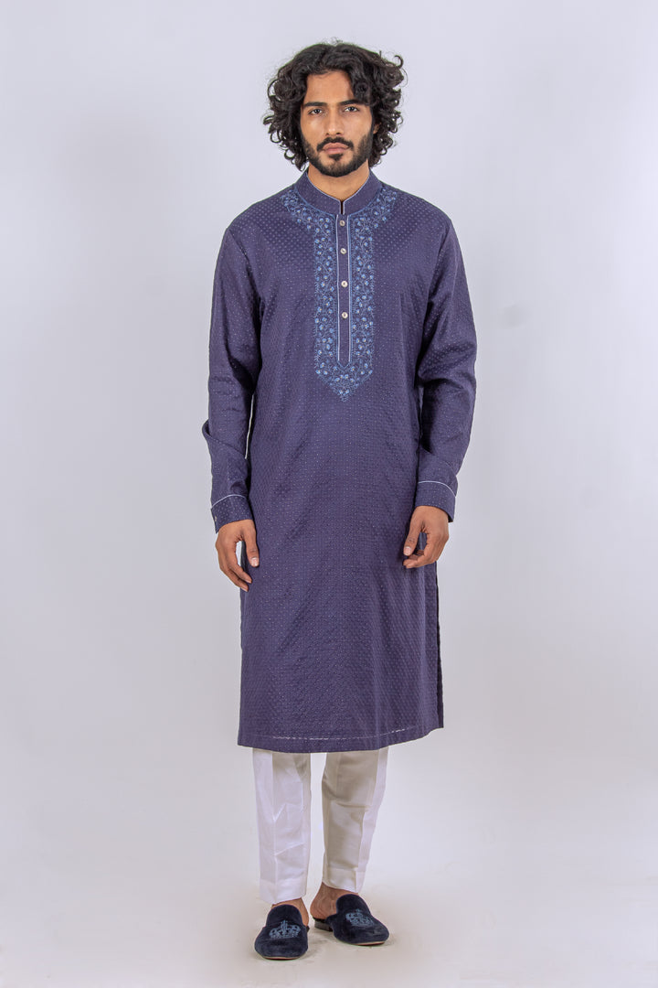 NAVY BLUE MACHINE EMBROIDERED NECKLINE KURTA (only kurta)