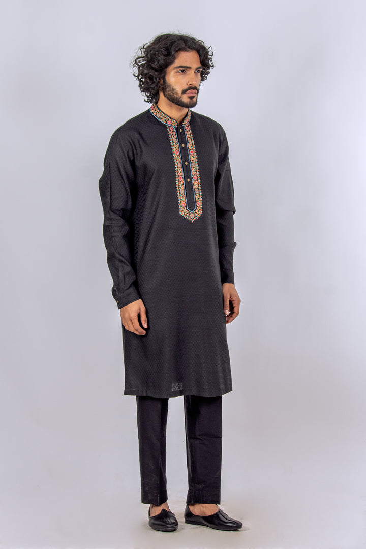 BLACK KASHMIRI EMBROIDERED NECKLINE KURTA (only kurta)