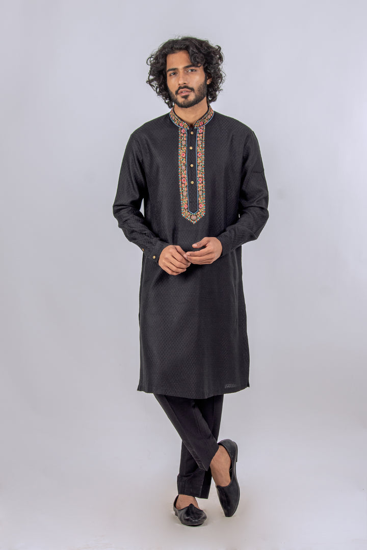 BLACK KASHMIRI EMBROIDERED NECKLINE KURTA (only kurta)