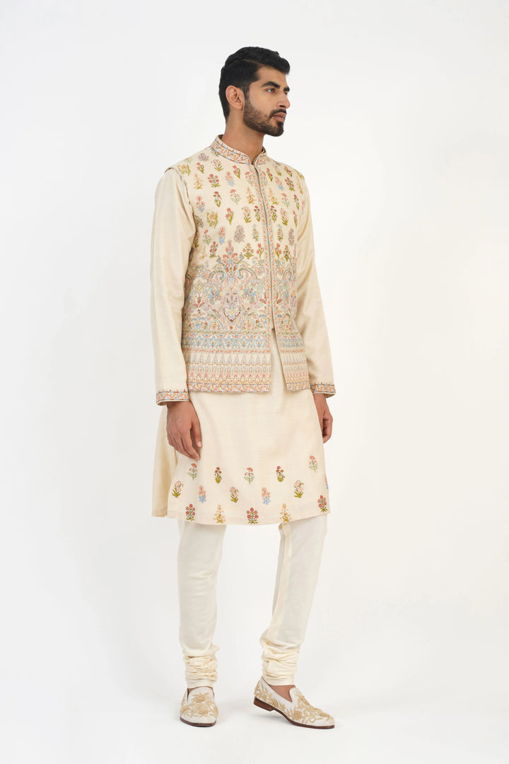 Beige Multicoloured Embroidered Bundi Kurta Set