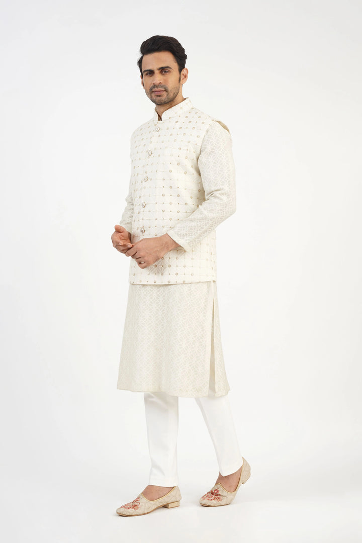 Cream Embroidered Bundi Kurta Set
