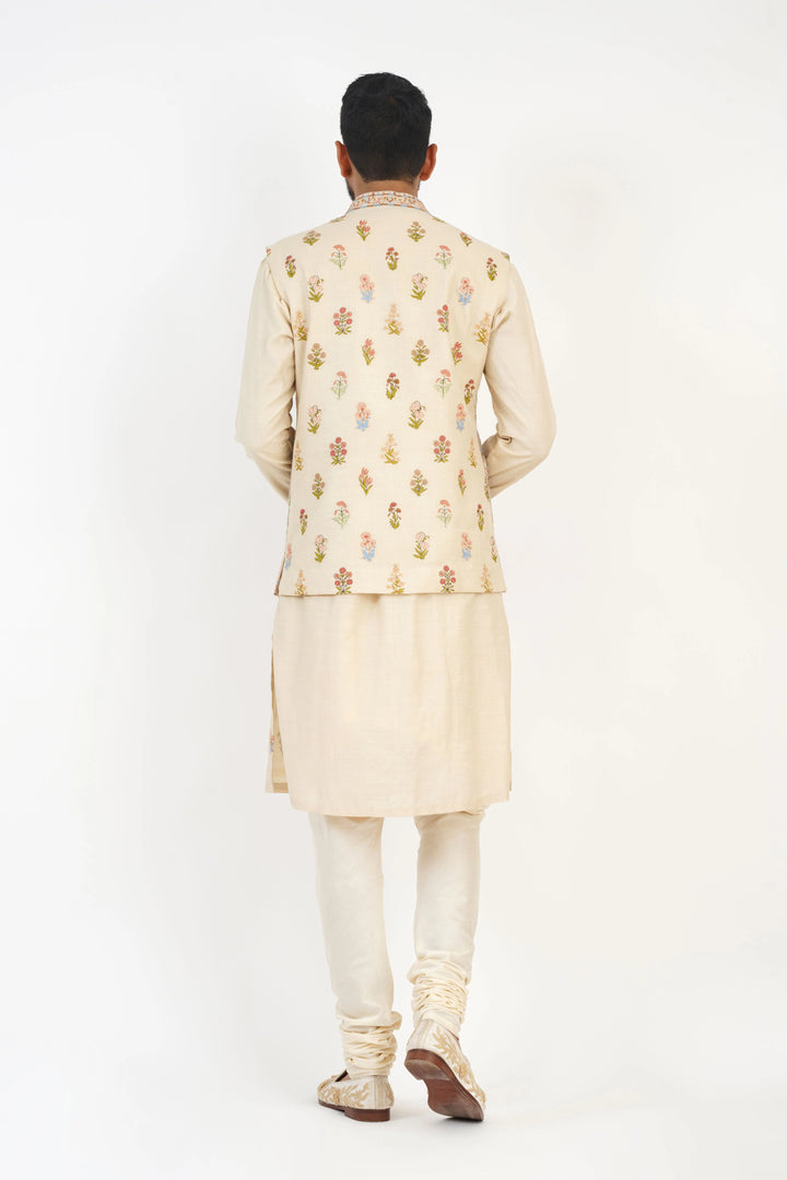 Beige Multicoloured Embroidered Bundi Kurta Set