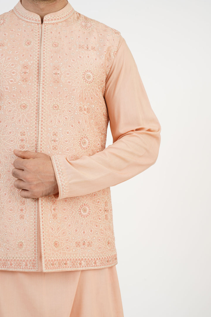 Peach Geometric Embroidered Bundi Kurta Set