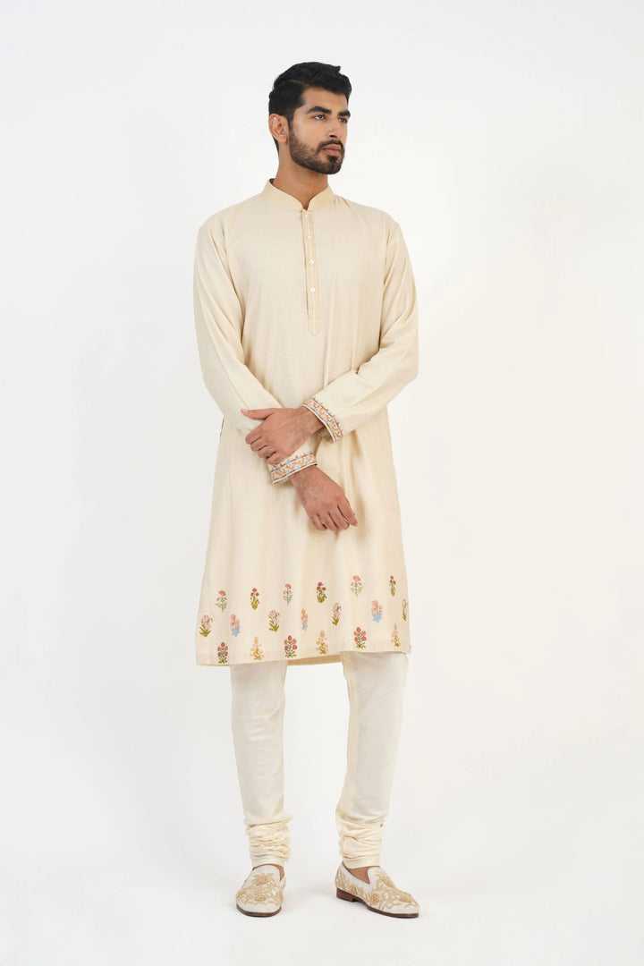 Beige Multicoloured Embroidered Bundi Kurta Set