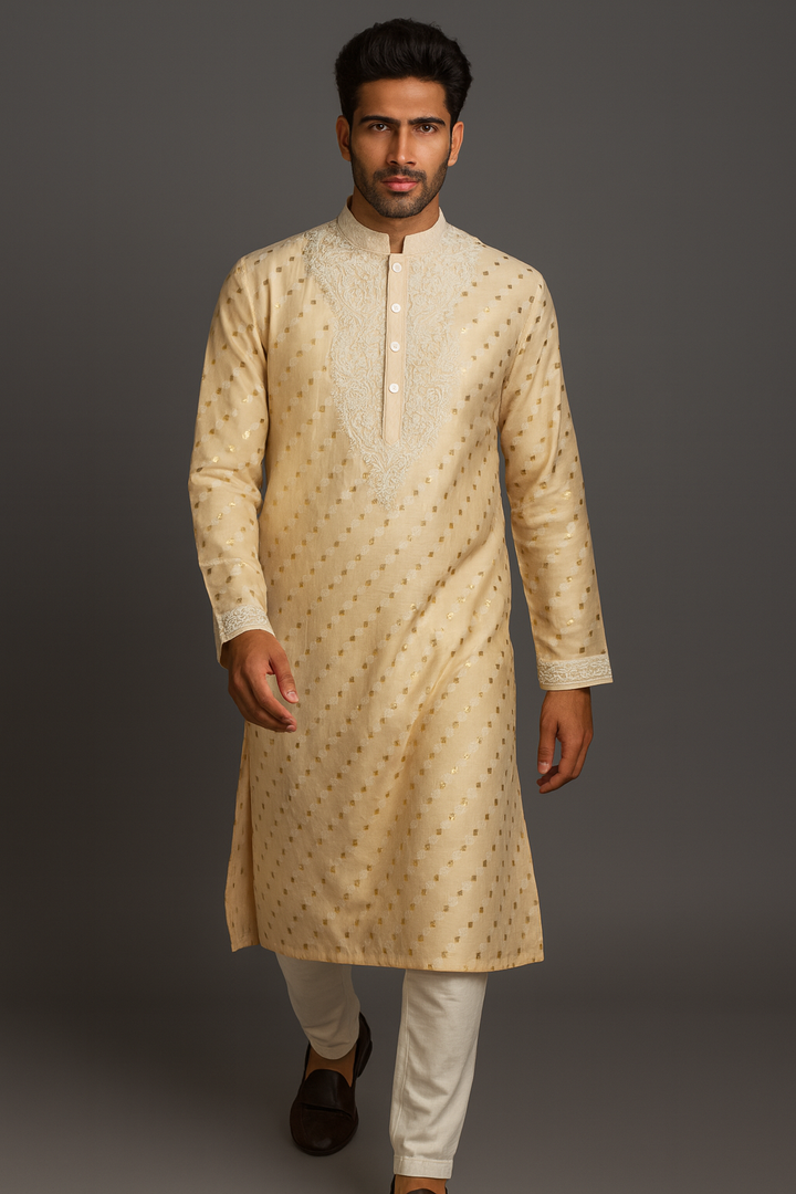 Beige Banarasi Silk Kurta Set with Dori & Hand Embroidery