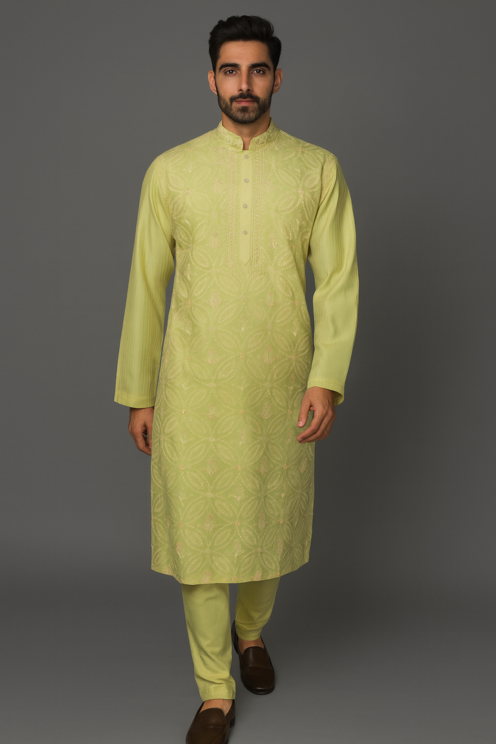 Lemon Yellow Chanderi Kurta Set with Aari & Hand Embroidery