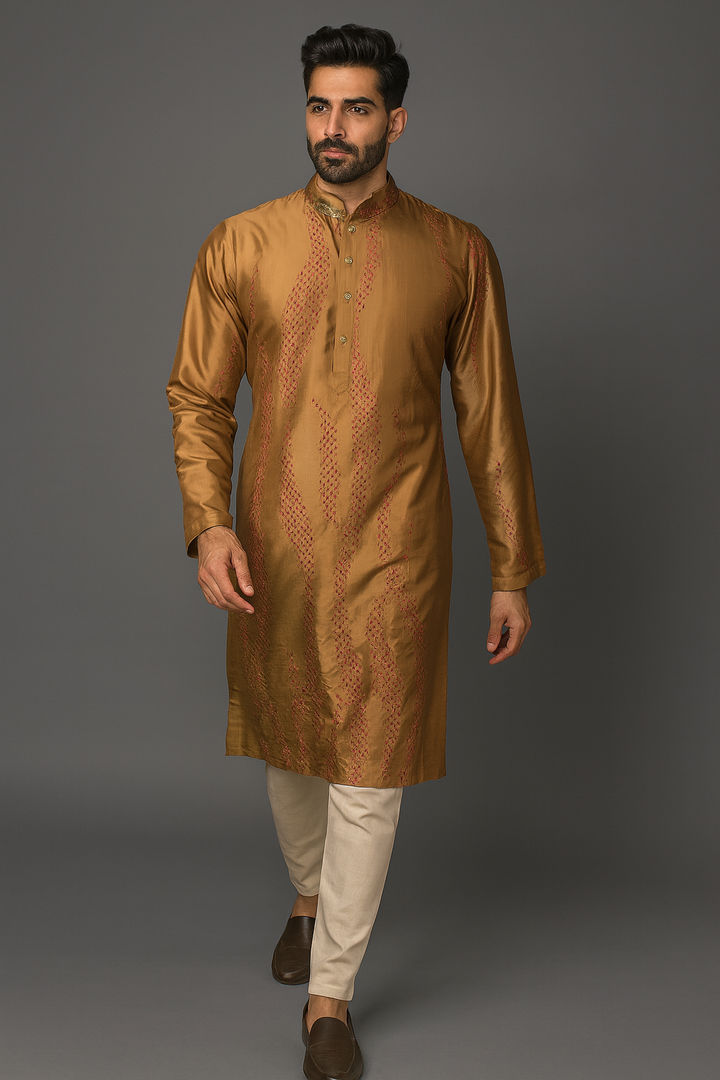 Beige-Red Silk Kurta Set with Hand & Bandhani Embroidery