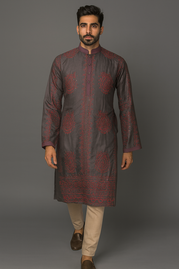 Gray Shibori Silk Kurta Set with Hand & Bandhani Embroidery