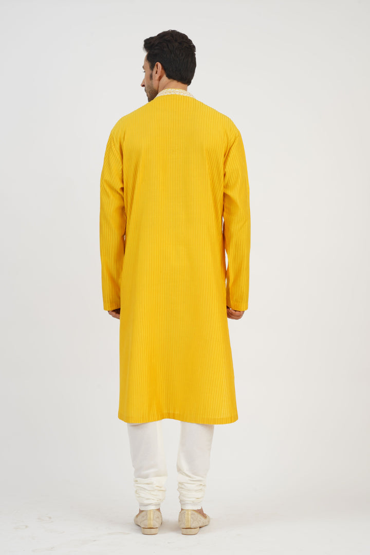 Yellow Pintuck Kurta With Embroidered collar