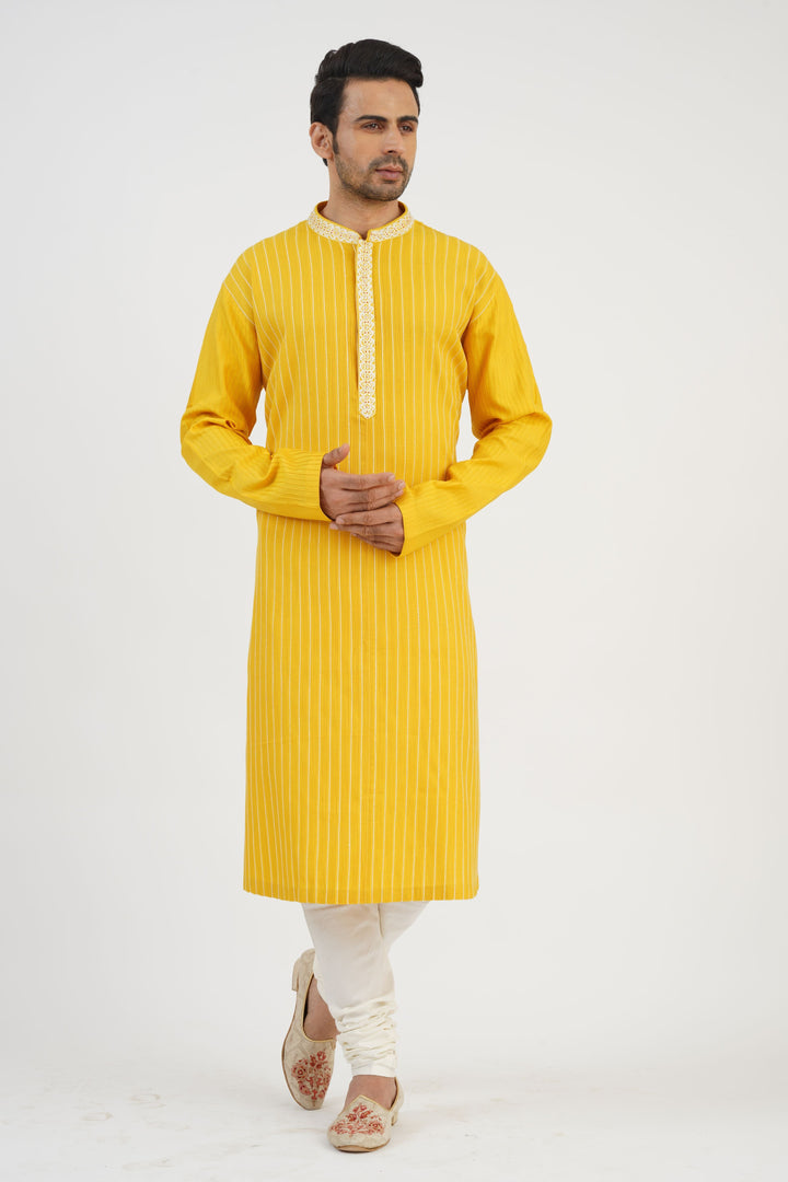 Yellow Pintuck Kurta With Embroidered collar
