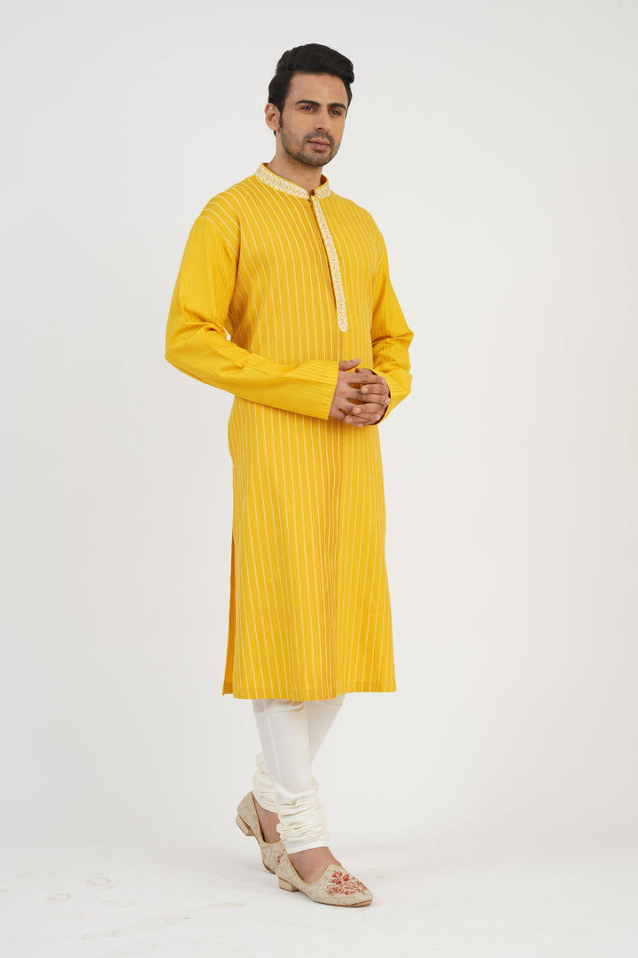 Yellow Pintuck Kurta With Embroidered collar