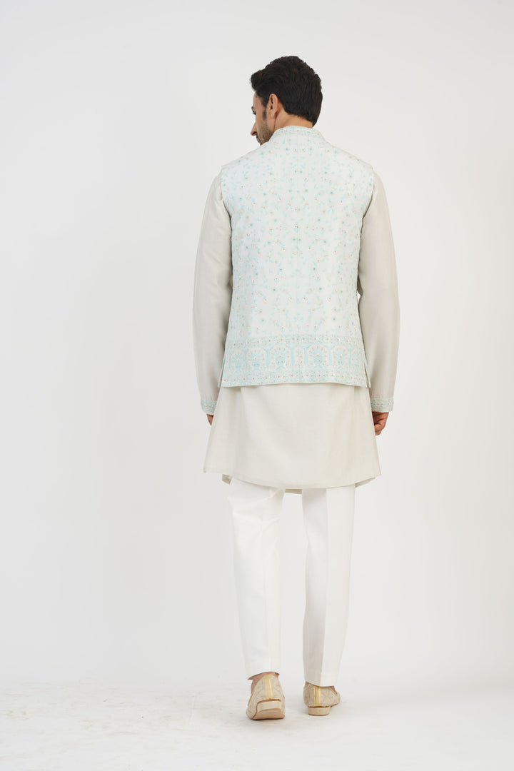Sky Blue Turkish  Embroidered Bundi Kurta Set