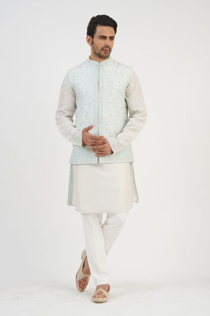 Sky Blue Turkish  Embroidered Bundi Kurta Set