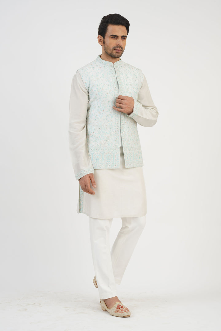Sky Blue Turkish  Embroidered Bundi Kurta Set