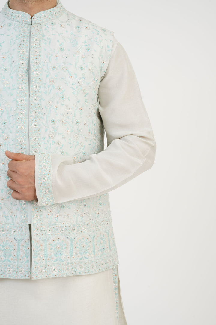 Sky Blue Turkish  Embroidered Bundi Kurta Set