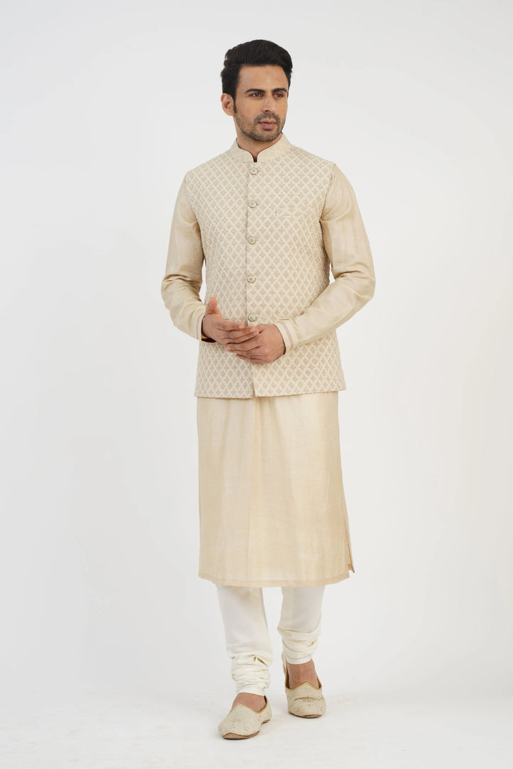 Beige Embroidered Bundi kurta Set