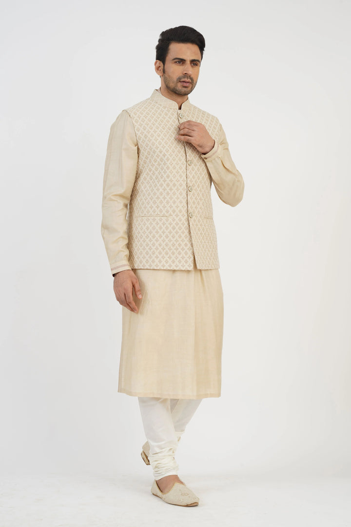 Beige Embroidered Bundi kurta Set