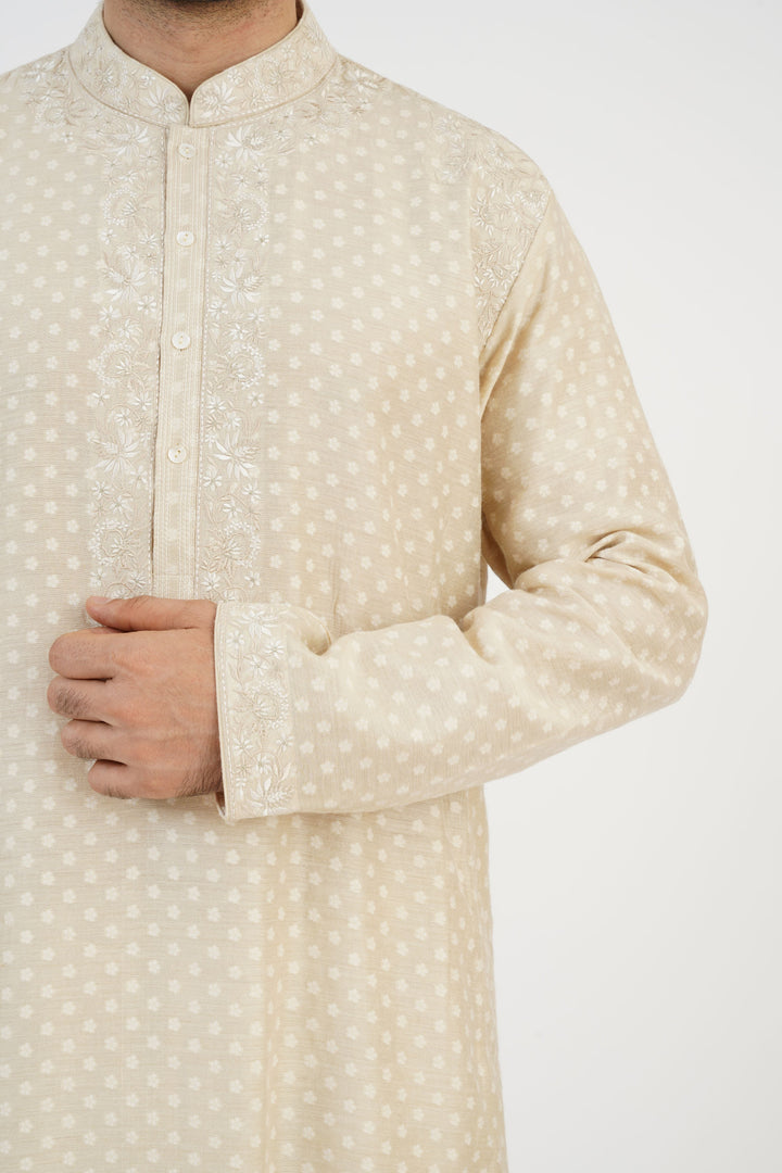 Beige Banarsi Kurta Set with Neckline