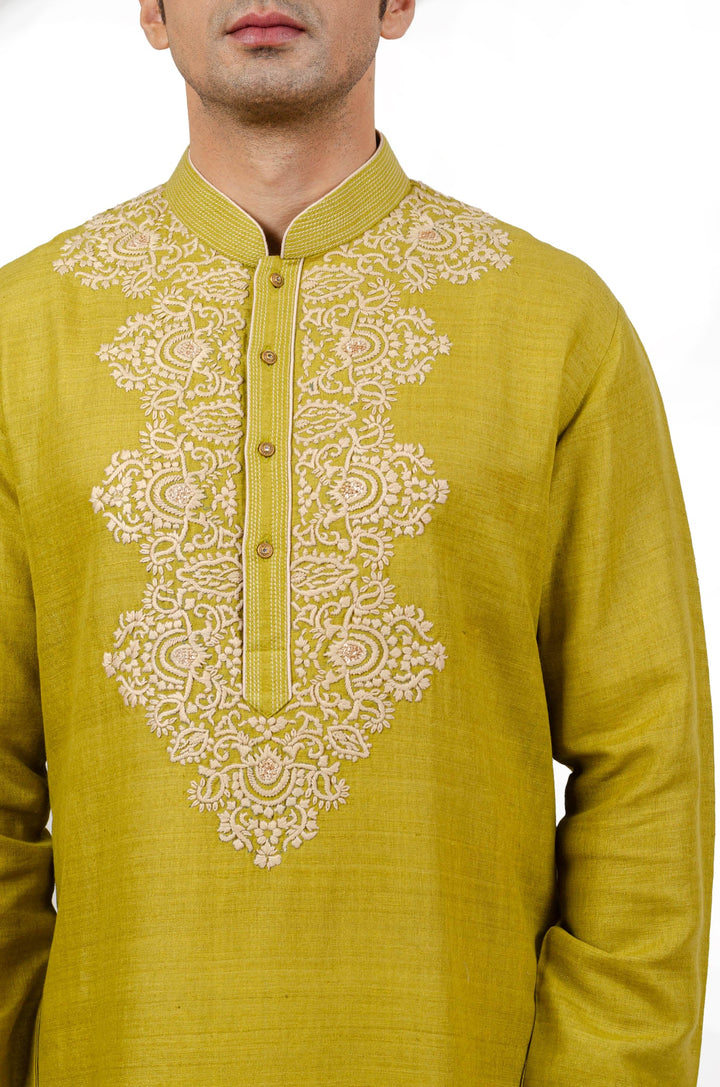 Mehendi Green Kurta Set with Anchor Thread neckline